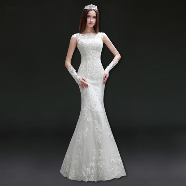 modest scoop neck lace appliques mermaid wedding dresses floor length bridal gowns lace up bride dress, White
modest scoop neck lace appliques mermaid wedding dresses floor length bridal gowns lace up bride dress, White
