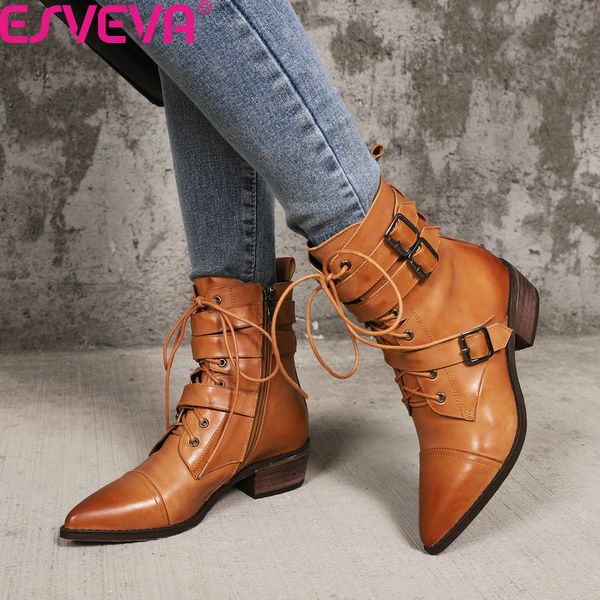 esveva 2020 fashion pointed toe pu leather ankle boots autumn winter square heel buckle lace up zipper women shoes size 34-39, Black
esveva 2020 fashion pointed toe pu leather ankle boots autumn winter square heel buckle lace up zipper women shoes size 34-39, Black