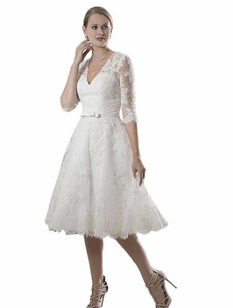 2019 v neck 3/4 long sleeve bridal dresses a line tea length lace wedding gowns sash custom made transparent romantic selling, White
2019 v neck 3/4 long sleeve bridal dresses a line tea length lace wedding gowns sash custom made transparent romantic selling, White