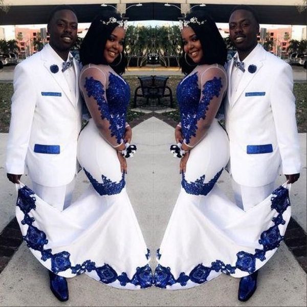 white satin withr oyal blue lace african prom dresses2020 long illusion sleeves applique evening formal gowns pageant celebrity dress, Black
white satin withr oyal blue lace african prom dresses2020 long illusion sleeves applique evening formal gowns pageant celebrity dress, Black
