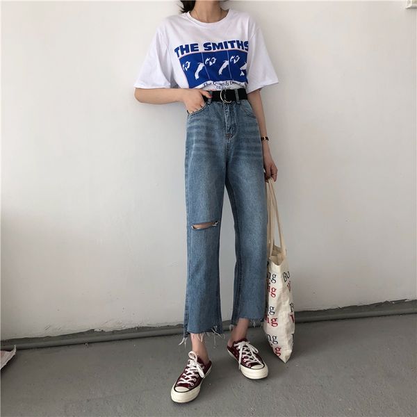2019 new split leg straight tube ripped panty high-waisted jeans, Black;white
2019 new split leg straight tube ripped panty high-waisted jeans, Black;white