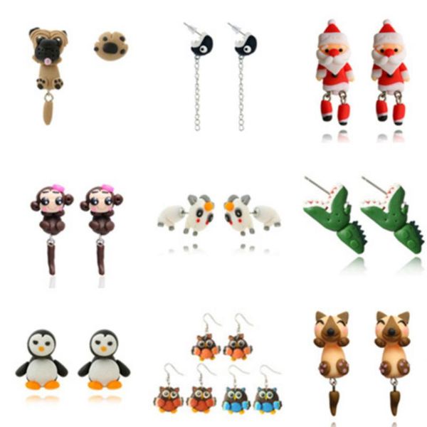 12style cute 3d cartoon cat dog piranha squirrel penguin animals stud earring fimo earrings for women, Golden;silver