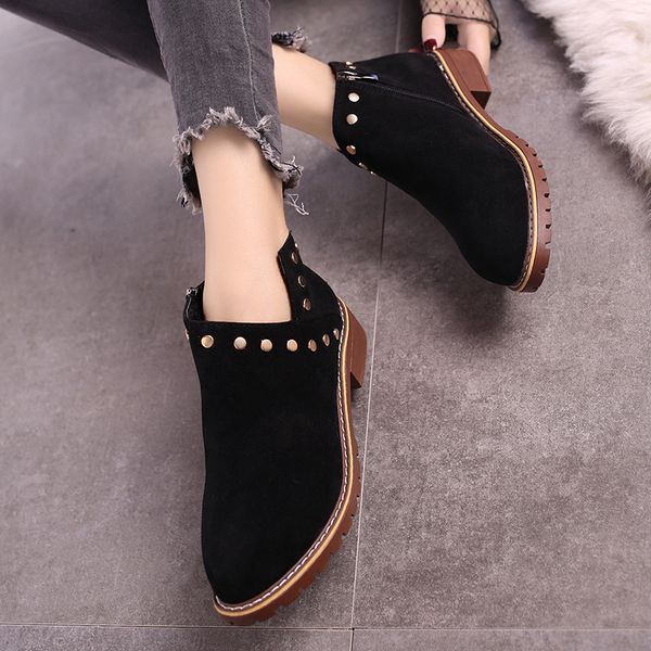 autumn-winter round head square with suede low-heeled casual side zipper riveted women's boots, Black
autumn-winter round head square with suede low-heeled casual side zipper riveted women's boots, Black