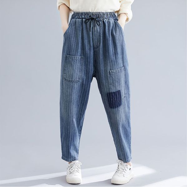 plus size stripe harem jeans women loose casual elastic waist pencil pants female art streetwear trousers, Blue
plus size stripe harem jeans women loose casual elastic waist pencil pants female art streetwear trousers, Blue