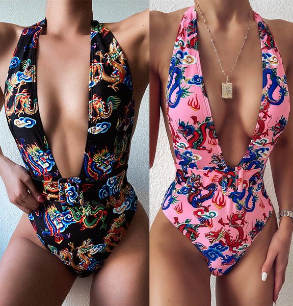 women one piece swimsuit vintage fashion print halter plunge deep v neck backless belted bathing suit swimwear, White;black
women one piece swimsuit vintage fashion print halter plunge deep v neck backless belted bathing suit swimwear, White;black