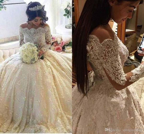2020 luxury vintage full lace wedding dresses off shoulder bateau long sleeves a line bridal gowns with beaded pearls court train ba3212, White
2020 luxury vintage full lace wedding dresses off shoulder bateau long sleeves a line bridal gowns with beaded pearls court train ba3212, White