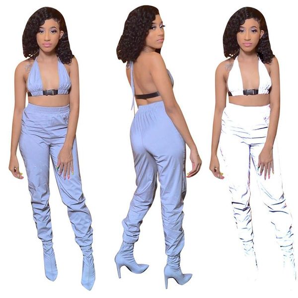 reflective women two piece outfits fashion ribbon halter buckle backless tracksuits summer street style women clothes, Gray 
reflective women two piece outfits fashion ribbon halter buckle backless tracksuits summer street style women clothes, Gray