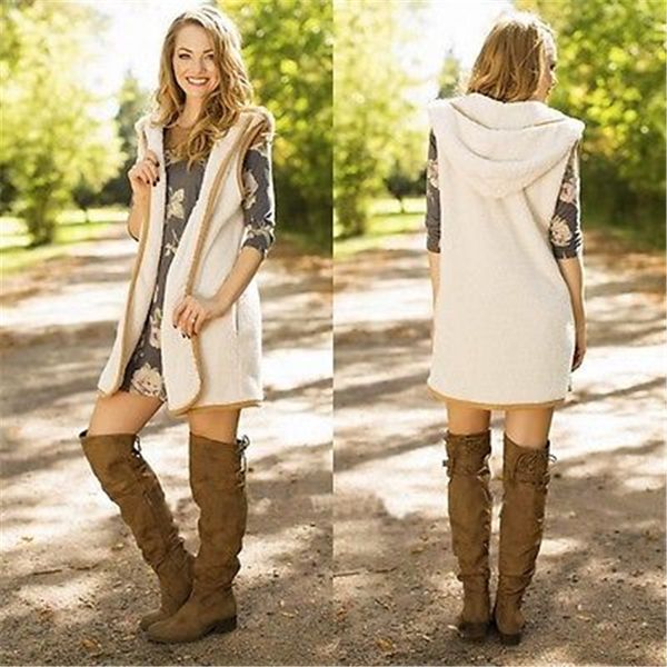 

autumn winter woman clothing women vest sleeveless zipper warm open front vest long tunic shawl collar draped hooded s-xxxl, Black;white