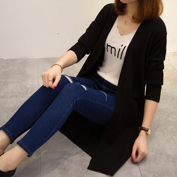 2019 new women's spring sweater solid color long v-neck sweater loose large size long-sleeved knit cardigan lq142, White;black
2019 new women's spring sweater solid color long v-neck sweater loose large size long-sleeved knit cardigan lq142, White;black