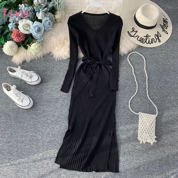 elegant v neck split midi dress 2020 autumn winter women knitted sweater dress button long sleeve sashes bodycon dress, Black;gray
elegant v neck split midi dress 2020 autumn winter women knitted sweater dress button long sleeve sashes bodycon dress, Black;gray