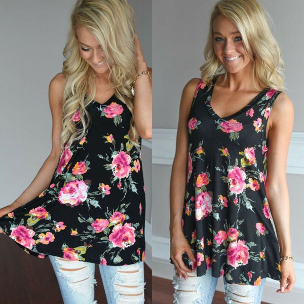 women's floral casual sleeveless blouse t shirt summer loose tank tunic tee, White