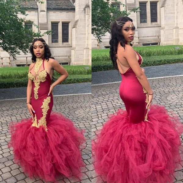 chic halter backless mermaid prom dresses with gold appliques sleeveless ruched tulle long evening party gowns robes de soirée, Black
chic halter backless mermaid prom dresses with gold appliques sleeveless ruched tulle long evening party gowns robes de soirée, Black