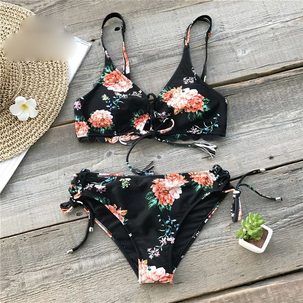 swimsuits for women designer bikini black floral print lace up bikini sets women tied bow two pieces suits 2019 girl swimwear, White;black 
swimsuits for women designer bikini black floral print lace up bikini sets women tied bow two pieces suits 2019 girl swimwear, White;black