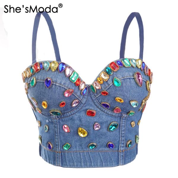 she'smoda denim jeans rhinestones women's button bustier bra night club party cropped vest plus size, Black;white
she'smoda denim jeans rhinestones women's button bustier bra night club party cropped vest plus size, Black;white