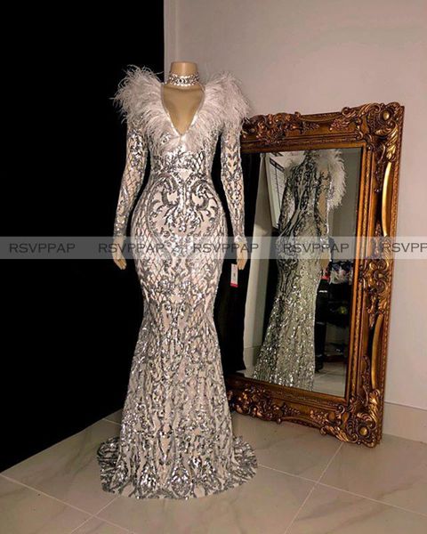 long sparkly prom dresses 2020 v-neck long sleeves african women black girls mermaid silver sequin feather prom dress, White;black
long sparkly prom dresses 2020 v-neck long sleeves african women black girls mermaid silver sequin feather prom dress, White;black