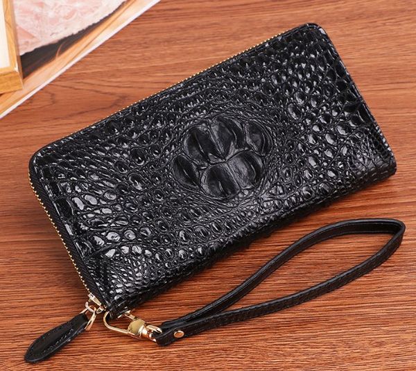 luxury leather wallets women fashion clutches wallets crocodile grain real leather outside single zipper puller multi slots large volume, Red;black