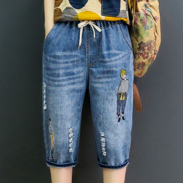 summer 2020 embroidery elastic waist drawstring jeans wash hole loose all-match knee-lenght pants jeans medium trousers female, Blue
summer 2020 embroidery elastic waist drawstring jeans wash hole loose all-match knee-lenght pants jeans medium trousers female, Blue