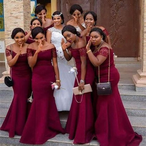 2020 african girl dark red off the shoulder lace sleeves mermaid bridesmaid dresses custom made satin maid of honor gowns, White;pink
2020 african girl dark red off the shoulder lace sleeves mermaid bridesmaid dresses custom made satin maid of honor gowns, White;pink