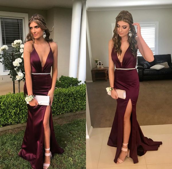 deep v neck burgundy mermaid prom dresses side split cross straps backless evening party gown sash special occasion dresses, Black
deep v neck burgundy mermaid prom dresses side split cross straps backless evening party gown sash special occasion dresses, Black