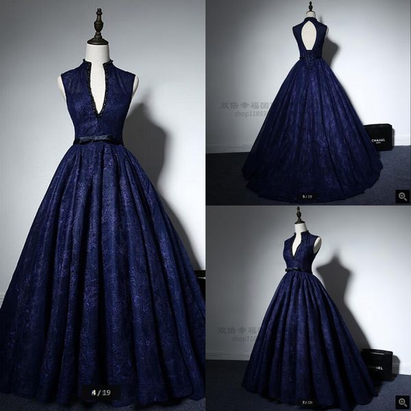 2019 real picture ball gown navy blue lace high neck prom dress princess beading sheer back sashes elegant prom gowns sale, Black
2019 real picture ball gown navy blue lace high neck prom dress princess beading sheer back sashes elegant prom gowns sale, Black