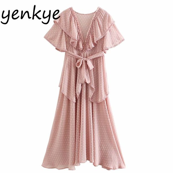 casual dresses sweet women pink dotted ruffle long dress elegant lady backless o neck short sleeve sashes a-line summer chiffon, Black;gray
casual dresses sweet women pink dotted ruffle long dress elegant lady backless o neck short sleeve sashes a-line summer chiffon, Black;gray