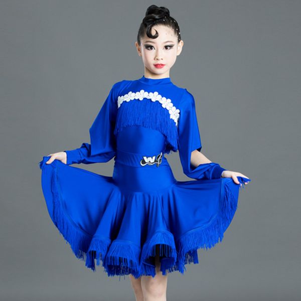stage wear kids latin dance dress royal blue tassel competition dresses girls tango salsa rumba cha samba dancing clothes dn5215, Black;red
stage wear kids latin dance dress royal blue tassel competition dresses girls tango salsa rumba cha samba dancing clothes dn5215, Black;red