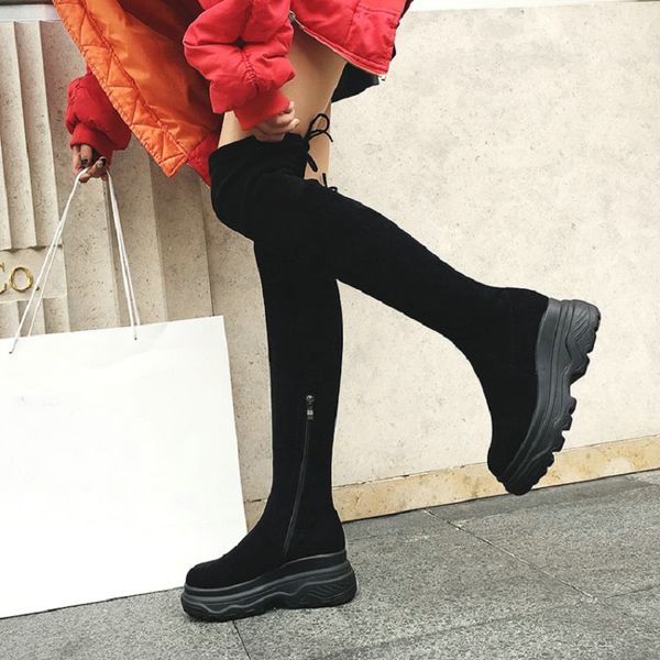 

nayiduyun stretch thigh high greepers women cow suede wedges over the knee boots round toe sneakers high heel punk pumps shoes, Black