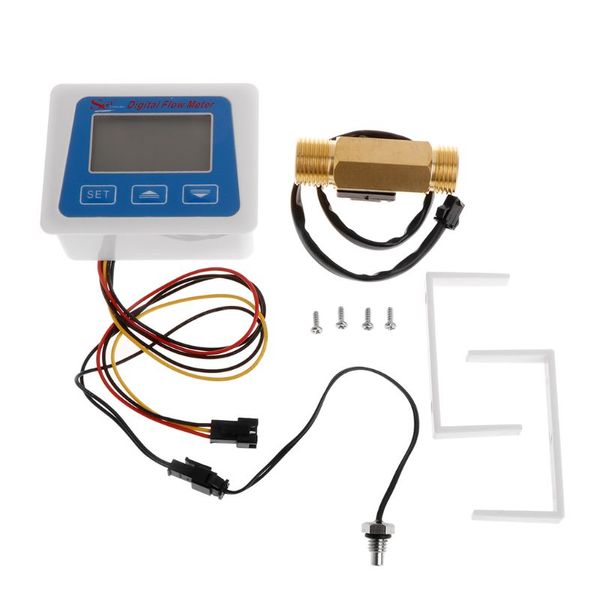 

digital lcd display water flow sensor meter flowmeter totameter temperature time record with g1/2" flow sensor