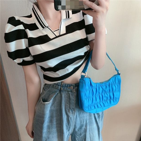 style contrast color striped polo collar 2020 casual loose bubble t-shirt sleeve student t-shirt female, White
style contrast color striped polo collar 2020 casual loose bubble t-shirt sleeve student t-shirt female, White