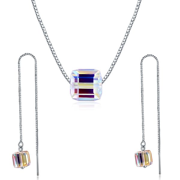 crystal sugar cube s925 silver clavicle chain ear line set austrian crystal jewelry earrings necklace set