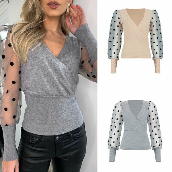 women's t-shirt women polka dot v-neck mesh sheer t-shirts long puff sleeve wrap t shirt clothes, White
women's t-shirt women polka dot v-neck mesh sheer t-shirts long puff sleeve wrap t shirt clothes, White