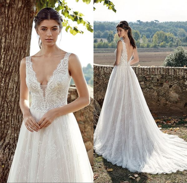v cut backless lace wedding dresses plunging v neck appliques a line bridal gown sweep train vestido de novia, White
v cut backless lace wedding dresses plunging v neck appliques a line bridal gown sweep train vestido de novia, White