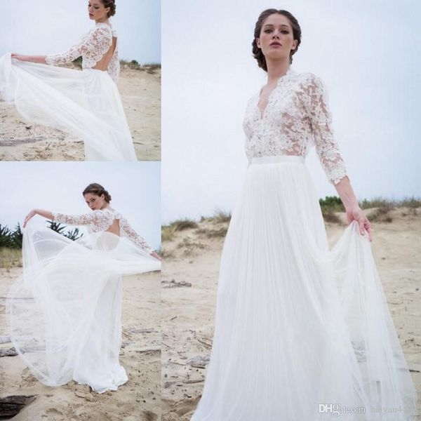 wedding dresses illusion lace 3/4 long sleeves v neck backless modern bohemian summer beach boho bridal gowns, White
wedding dresses illusion lace 3/4 long sleeves v neck backless modern bohemian summer beach boho bridal gowns, White
