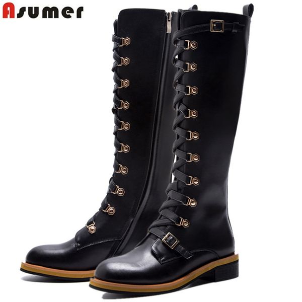 asumer 2020 new genuine leather boots buckle punk women's motorcycle boots lace up autumn winter combat knee high women, Black
asumer 2020 new genuine leather boots buckle punk women's motorcycle boots lace up autumn winter combat knee high women, Black