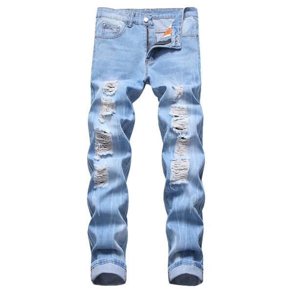 mjartoria 2019 new summer mens straight distressed biker ripped slim fit denim casual cotton street style loose with hole jeans, Blue 
mjartoria 2019 new summer mens straight distressed biker ripped slim fit denim casual cotton street style loose with hole jeans, Blue