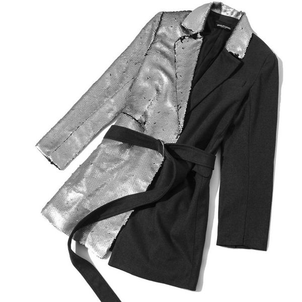 new high street women's personality patchwork long blazers designer sequins outerwear jackets autumn winter notched collar coats, White;black
new high street women's personality patchwork long blazers designer sequins outerwear jackets autumn winter notched collar coats, White;black