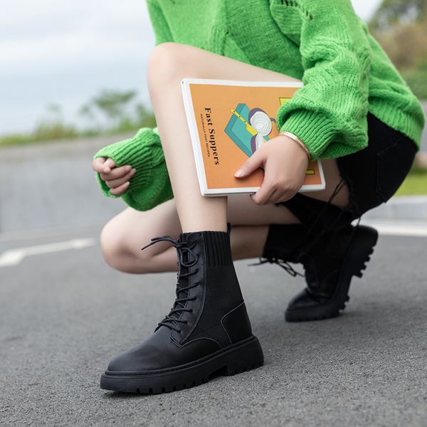 cow leather lace up leisure round toe punk design motorcycle boots solid thick bottom knitting mid-calf boots zapatos de mujer, Black
cow leather lace up leisure round toe punk design motorcycle boots solid thick bottom knitting mid-calf boots zapatos de mujer, Black