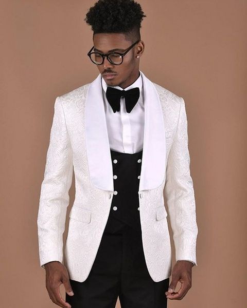 new style men suits ivory pattern and black groom tuxedos shawl satin lapel groomsmen wedding man ( jacket+pants+vest+tie ) l380, Black;gray