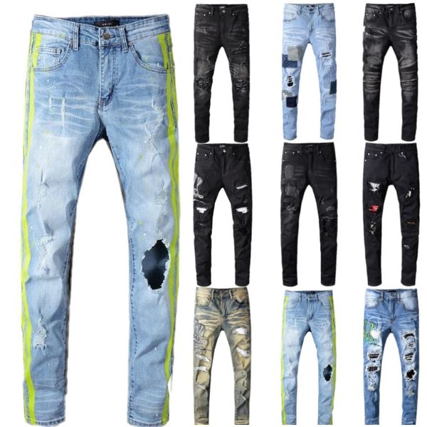 men's denim pants jeans neon yellow color lines patchwork ripped jeans fashion holes destroyed denim stretch pants, Blue
men's denim pants jeans neon yellow color lines patchwork ripped jeans fashion holes destroyed denim stretch pants, Blue