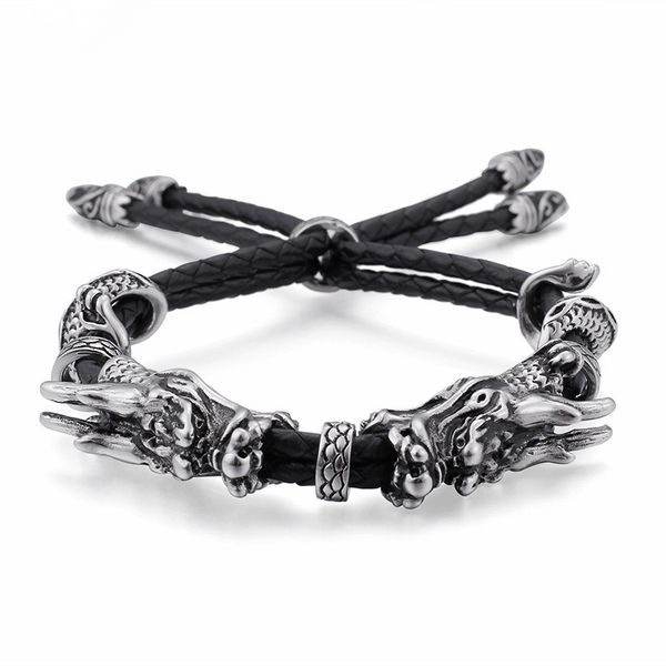 charm bracelets double layer wrap leather adjustable bracelet for men stainless steel animal dragon heads rock jewelry, Golden;silver
