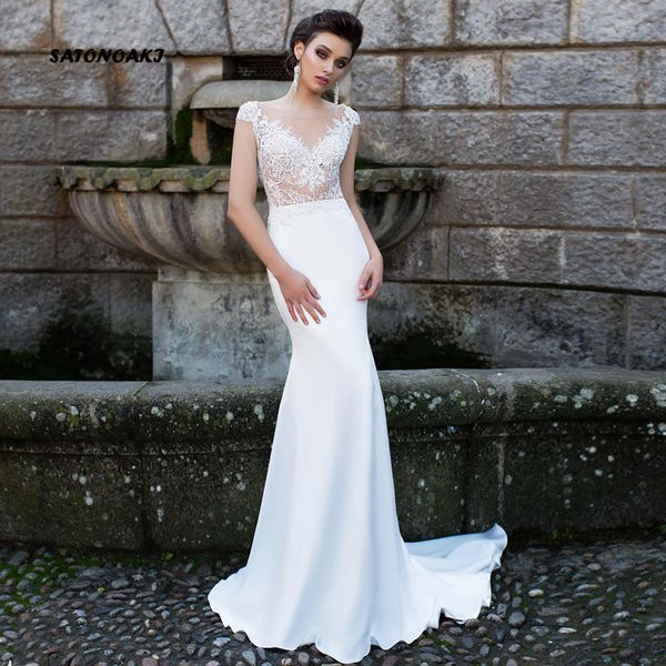 satonoaki 2019 sheer cap sleeves satin mermaid wedding dresses applique beaded seen through back over skirts wedding bridal gowns, White
satonoaki 2019 sheer cap sleeves satin mermaid wedding dresses applique beaded seen through back over skirts wedding bridal gowns, White