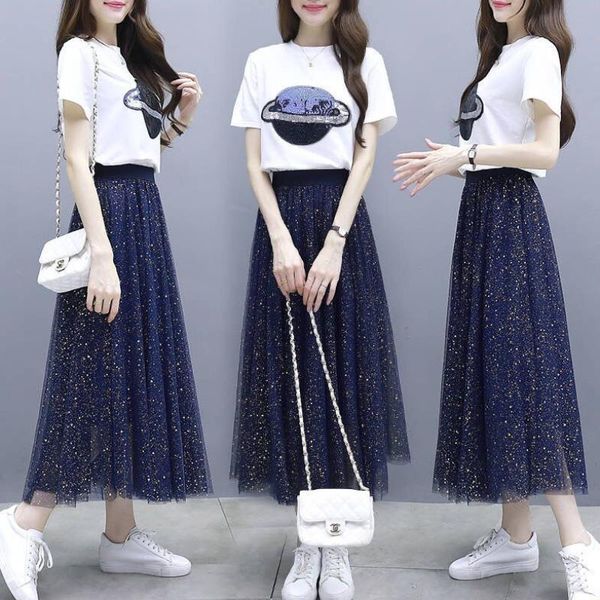 female t-shirt and mesh skirts suits women printed vintage solid skirt sets elegant woman two piece set, White
female t-shirt and mesh skirts suits women printed vintage solid skirt sets elegant woman two piece set, White
