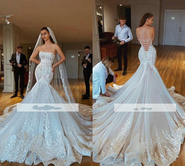 exquisite lace mermaid wedding dresses strapless appliques strapless lace up back long bridal gowns sweep train beach wedding dress cheap, White
exquisite lace mermaid wedding dresses strapless appliques strapless lace up back long bridal gowns sweep train beach wedding dress cheap, White