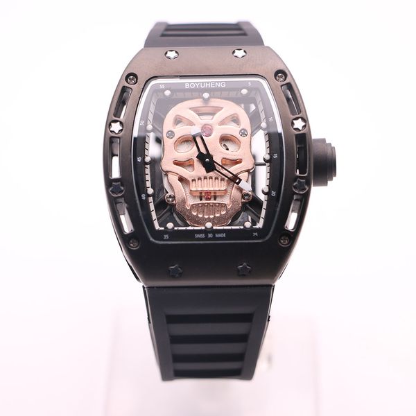 cool boyuheng baterry 43mm gold skull skeleton dial mens watches black steel bezel tonneau case transparent quartz movement wristwatches, Slivery;brown
cool boyuheng baterry 43mm gold skull skeleton dial mens watches black steel bezel tonneau case transparent quartz movement wristwatches, Slivery;brown