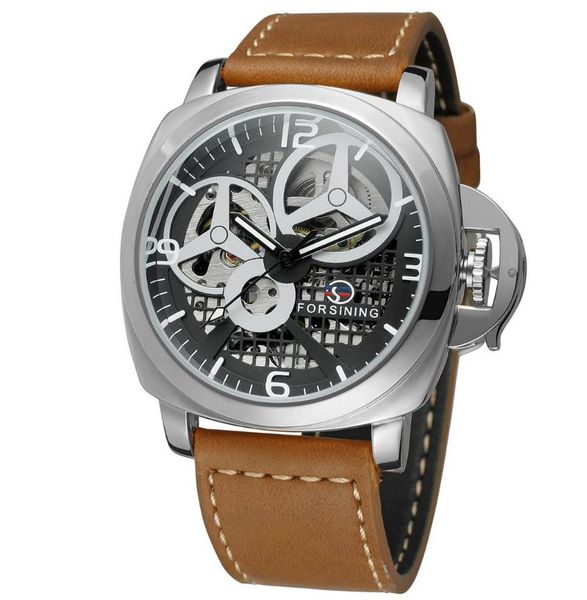 forsining fashion leisure lattice hollow dial fully automatic buckle simple eye square imitation leather protection mechanical watches, Slivery;brown 
forsining fashion leisure lattice hollow dial fully automatic buckle simple eye square imitation leather protection mechanical watches, Slivery;brown