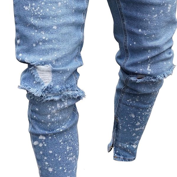 light blue spark designer mens jeans spring autumn knee holes zipper hiphop pants pantalones 
light blue spark designer mens jeans spring autumn knee holes zipper hiphop pants pantalones