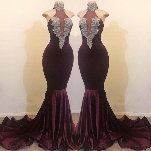 2019 new burgundy mermaid prom dresses lace applique beads high neck sweep train formal party evening gowns, Black
2019 new burgundy mermaid prom dresses lace applique beads high neck sweep train formal party evening gowns, Black