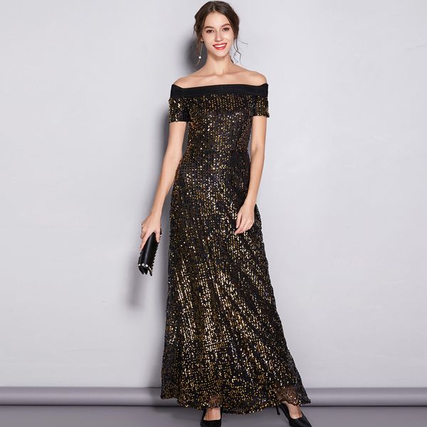 women's runway designer dresses slash neckline sequined a line party prom elegant quality long dresses, Black
women's runway designer dresses slash neckline sequined a line party prom elegant quality long dresses, Black