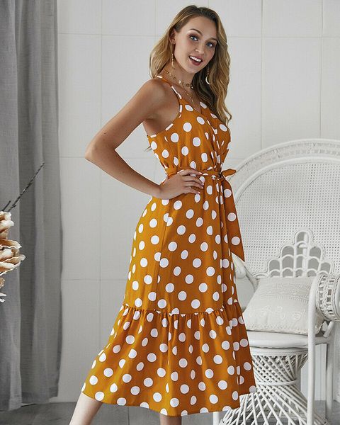 Designer Polka Dot Printed Printed V Neck Vintage Dresses Sexy Ladies Condole belt Dresses Designer Sleeveless Dresses
Designer Polka Dot Printed Printed V Neck Vintage Dresses Sexy Ladies Condole belt Dresses Designer Sleeveless Dresses