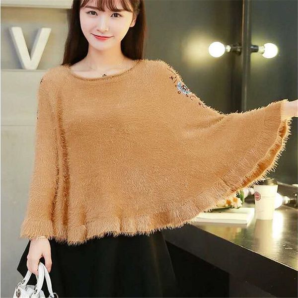 women's cape knitted sweater cloak coats trendy female embroidered fluffy ladies loose outerwear round neck streetwear top, Black
women's cape knitted sweater cloak coats trendy female embroidered fluffy ladies loose outerwear round neck streetwear top, Black